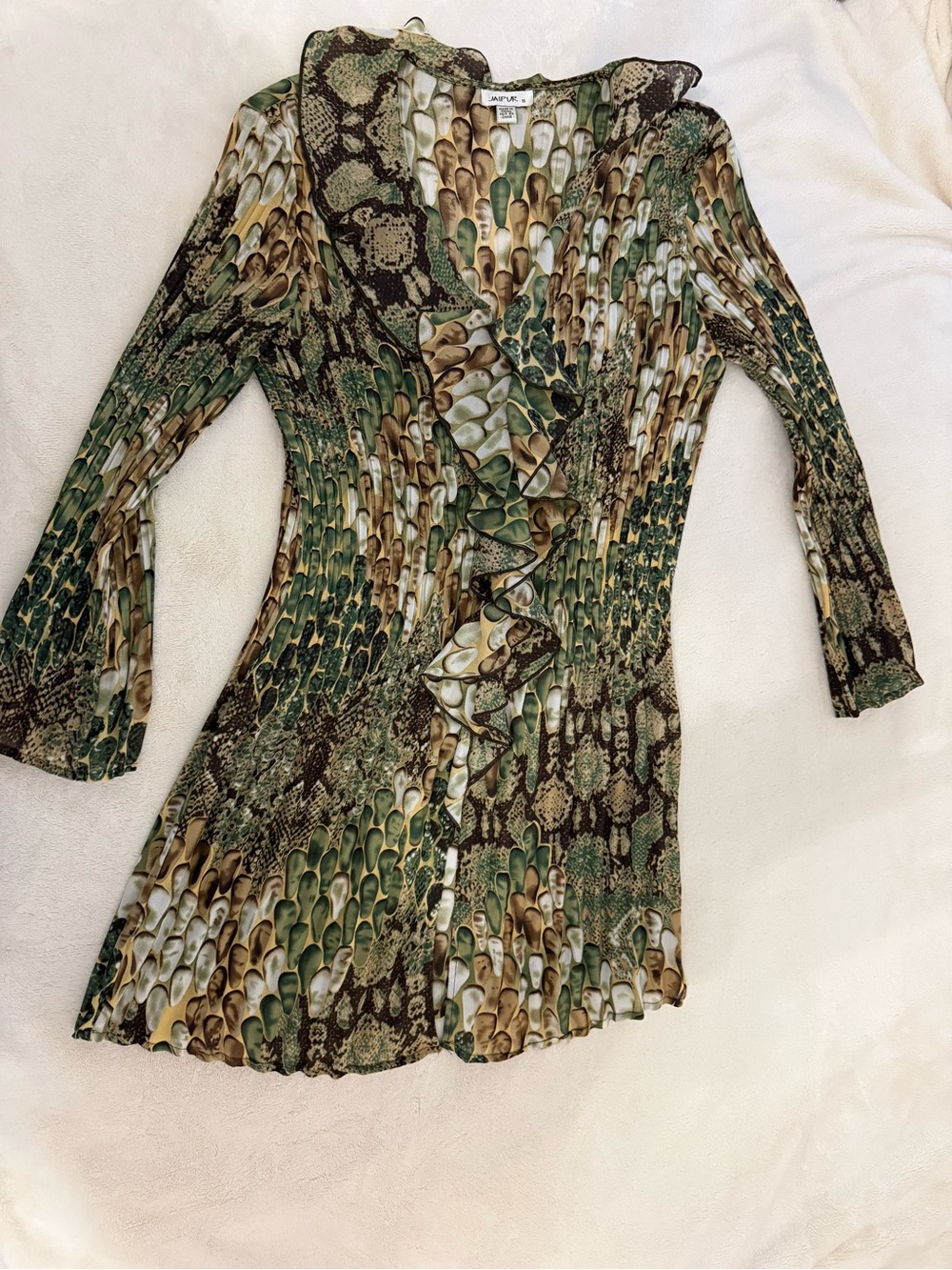 Jaipur Green Brown Textured Feather-Print Blouse